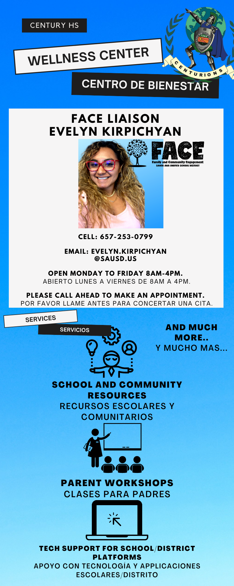 The Wellness Center is now open. Please contact Evelyn Kirpichyan at 657-253-0799. The Wellness Center is now open. Please contact Evelyn Kirpichyan at 657-253-0799.